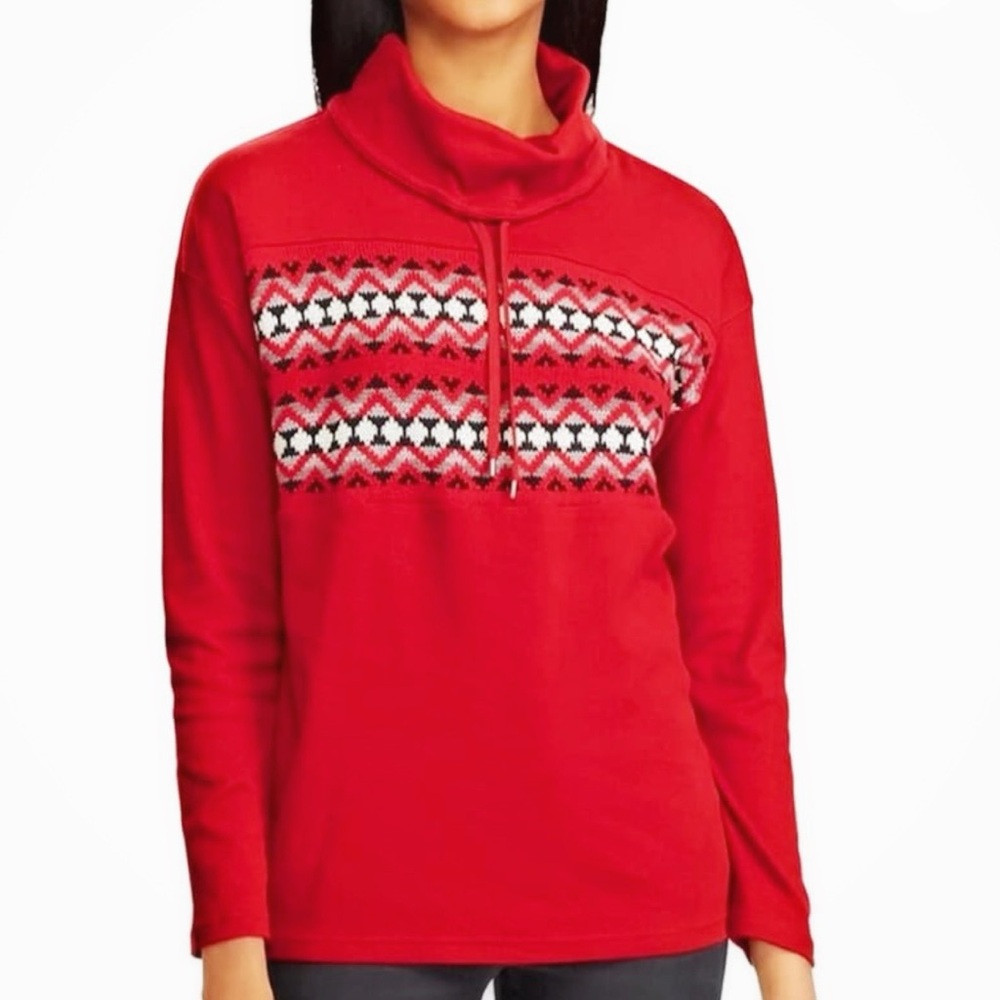 CHAPS Cowl Neck Red Sweatshirt Womens Sz Small Long Sleeve Fair Isle